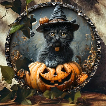 Witchy Black Cat Halloween Metal Sign Spooky Decor