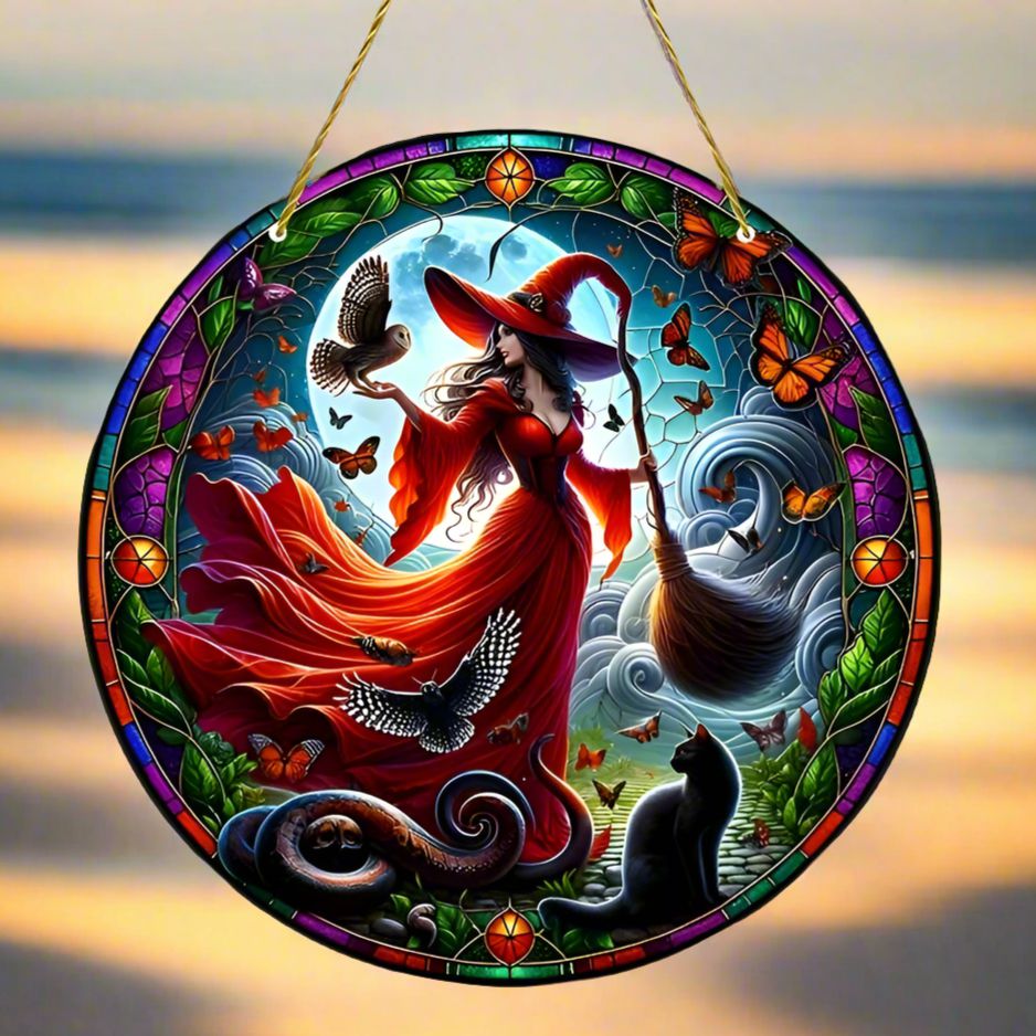 Gothic Witch Suncatcher Halloween Acrylic Round Sign-MoonChildWorld