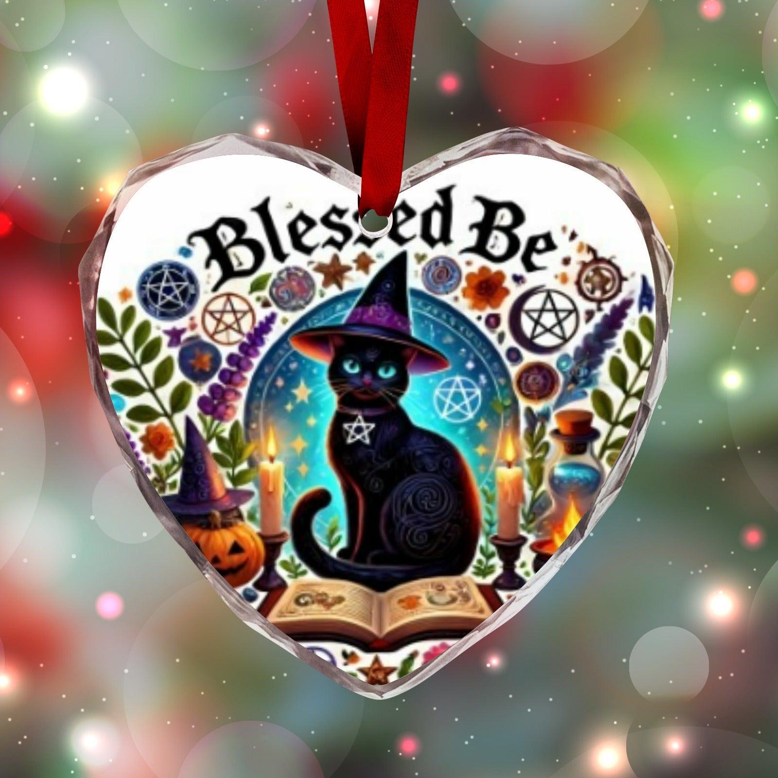 Witchy Black Cat Wicca Christmas Heart-Shaped Crystal Glass Ornament-MoonChildWorld