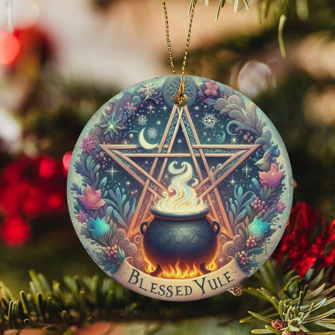 Cauldron Pentagram Wicca Ceramic Christmas Ornament-MoonChildWorld