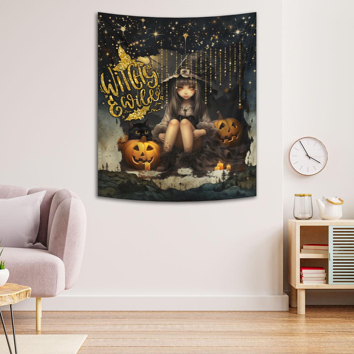 Pumpkin Witch Tapestry Halloween Wall Hanging-MoonChildWorld