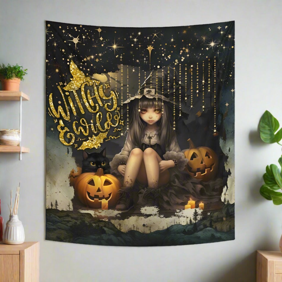 Pumpkin Witch Tapestry Halloween Wall Hanging-MoonChildWorld