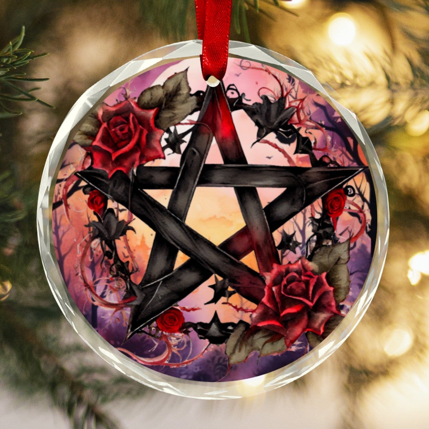 Gothic pentagram witchcraft Glass Christmas Ornament-MoonChildWorld