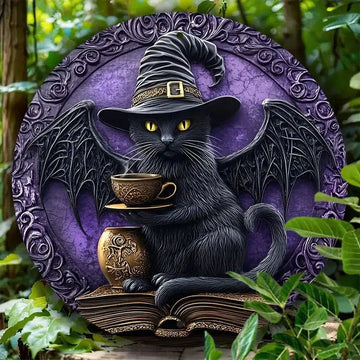 Magic Book and Witchy Black Cat Metal Sign Gothic Wall Art for Halloween Decorations-MoonChildWorld