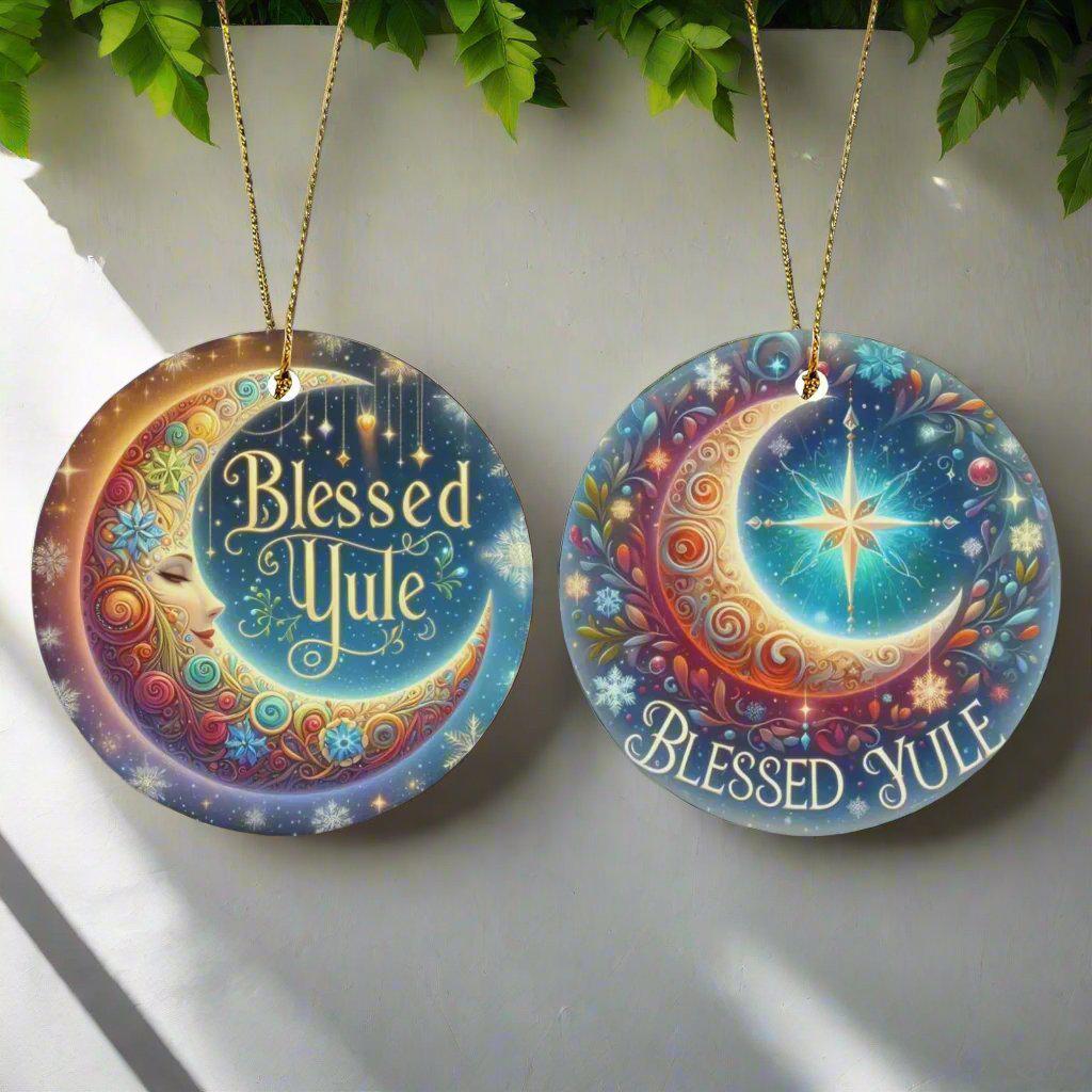 Crescent moon star Ceramic Christmas Ornament for Pagan Yule Decor-MoonChildWorld