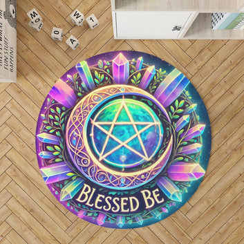 Celtic Moon Pentacle Round Rug Wicca Symbol Carpet for Pagan Home Decor