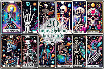 20 Funny Skeleton Tarot Cards Digital File-MoonChildWorld
