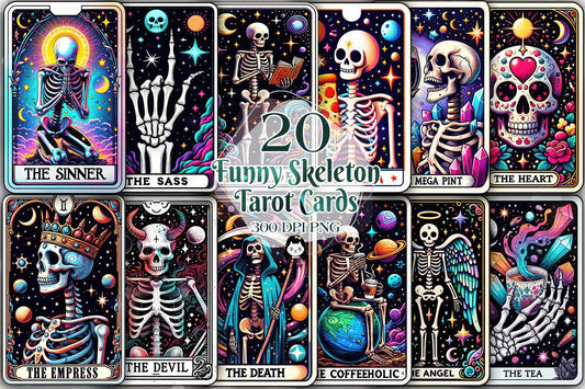 20 Funny Skeleton Tarot Cards Digital File-MoonChildWorld