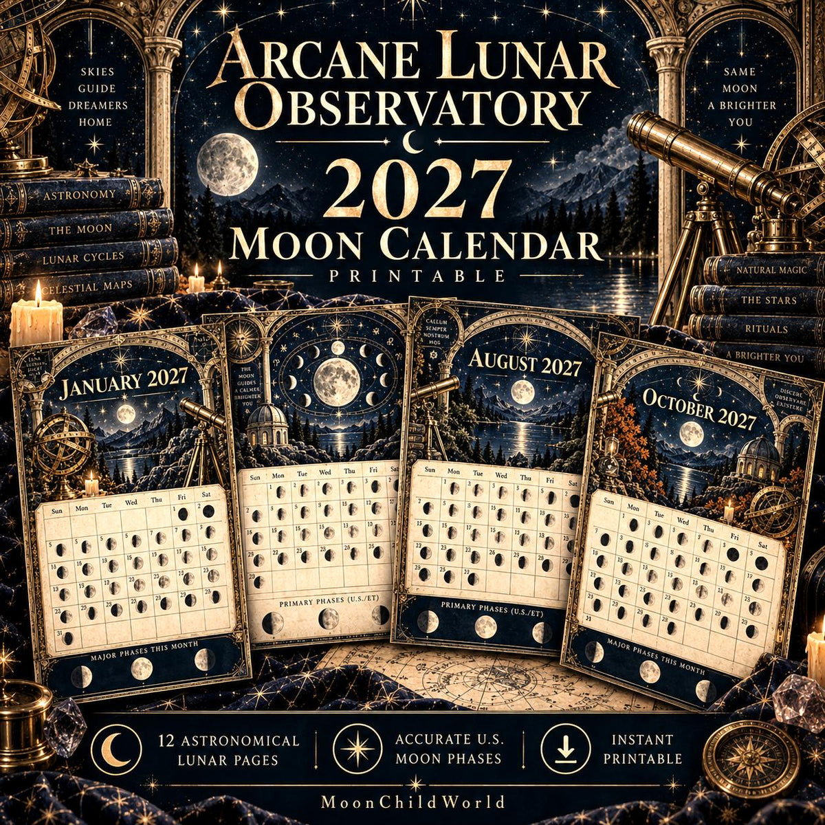 Arcane Lunar Observatory 2027 Moon Calendar Printable - Astronomy Witch Wall Calendar, Accurate Moon Phases, Instant Dig