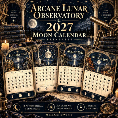 Arcane Lunar Observatory 2027 Moon Calendar Printable - Astronomy Witch Wall Calendar, Accurate Moon Phases, Instant Dig