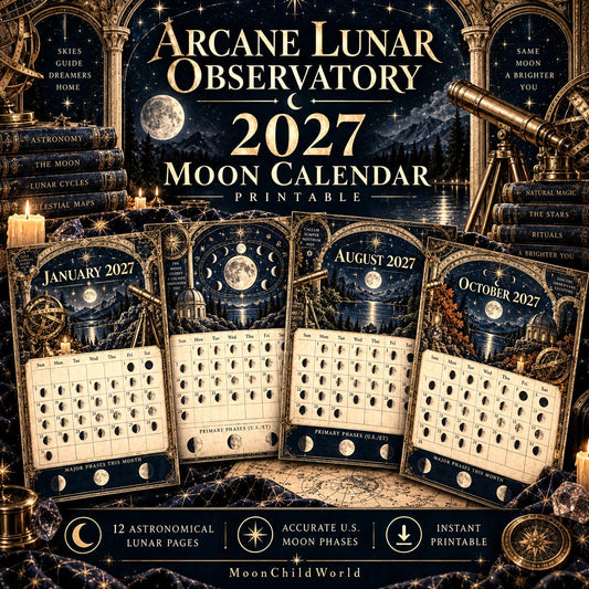 Arcane Lunar Observatory 2027 Moon Calendar Printable - Astronomy Witch Wall Calendar, Accurate Moon Phases, Instant Dig