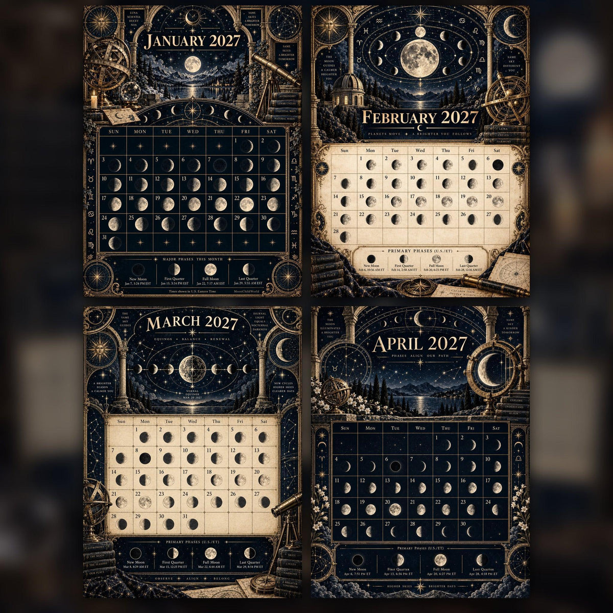 Arcane Lunar Observatory 2027 Moon Calendar Printable - Astronomy Witch Wall Calendar, Accurate Moon Phases, Instant Dig