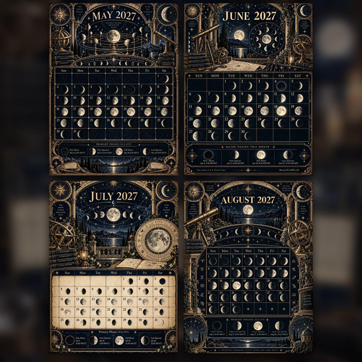 Arcane Lunar Observatory 2027 Moon Calendar Printable - Astronomy Witch Wall Calendar, Accurate Moon Phases, Instant Dig
