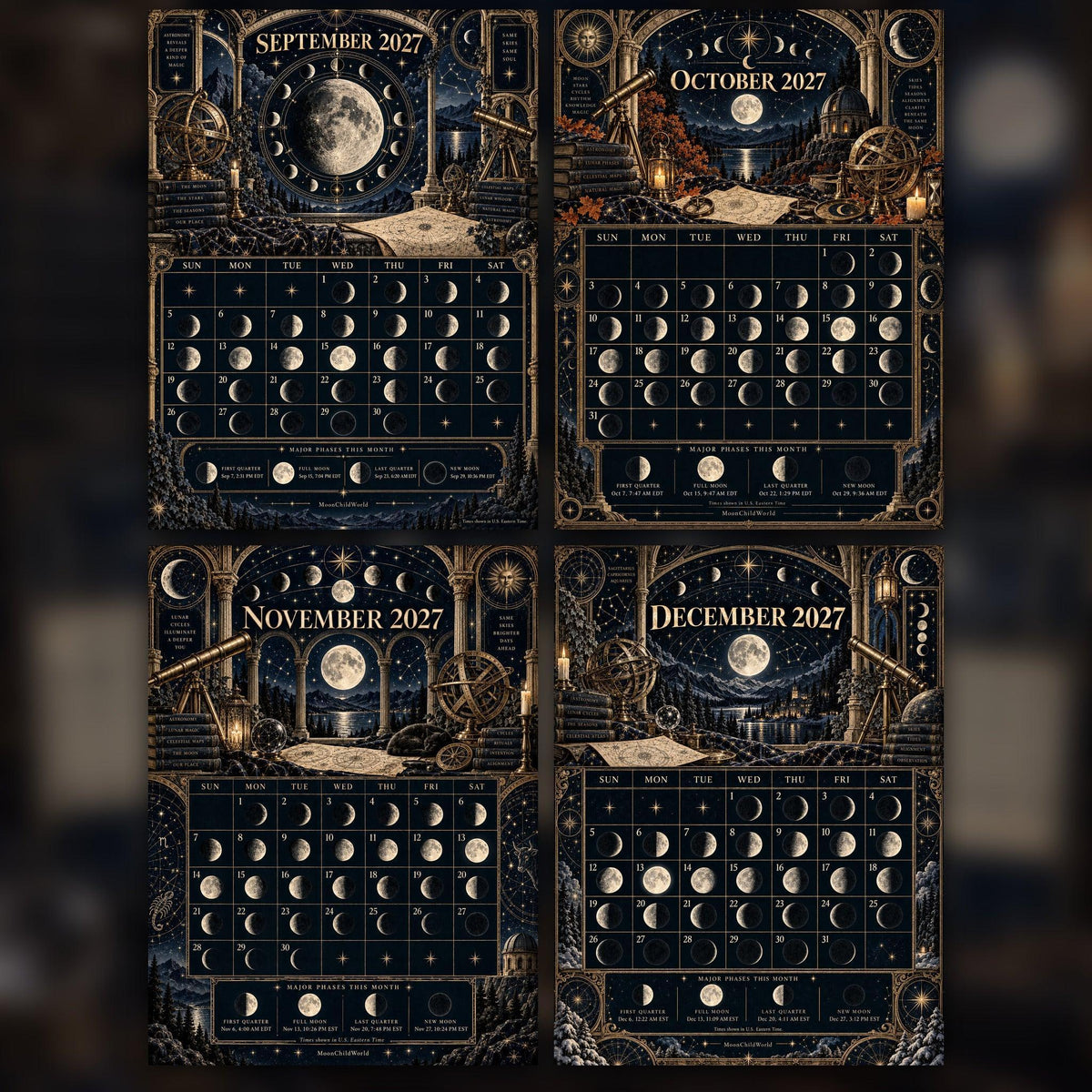 Arcane Lunar Observatory 2027 Moon Calendar Printable - Astronomy Witch Wall Calendar, Accurate Moon Phases, Instant Dig