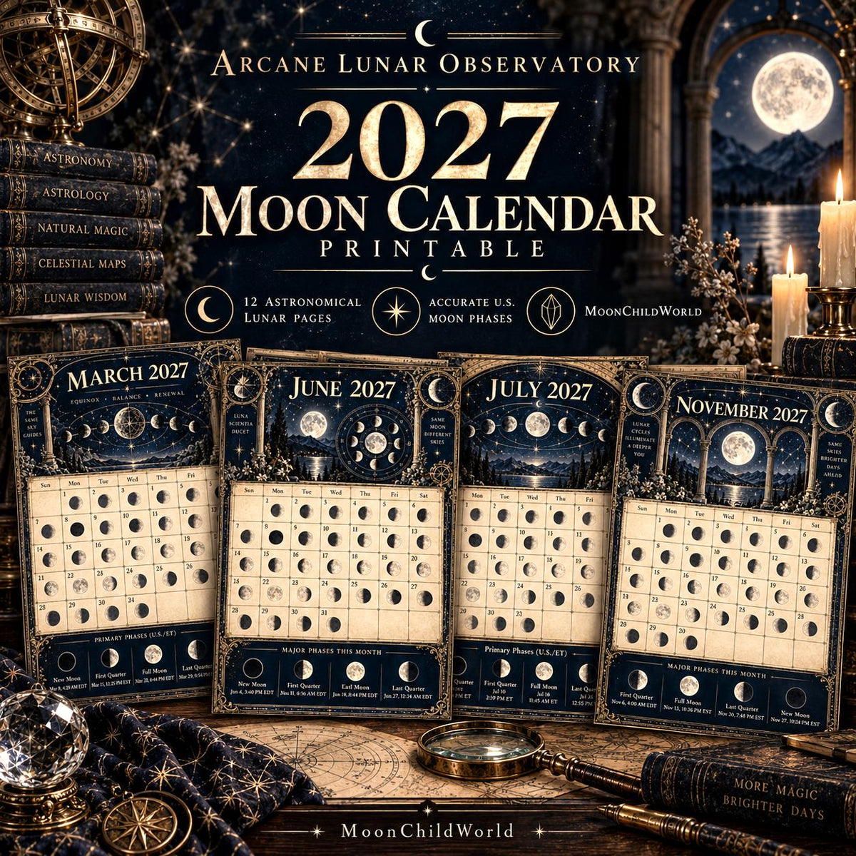 Arcane Lunar Observatory 2027 Moon Calendar Printable - Astronomy Witch Wall Calendar, Accurate Moon Phases, Instant Dig