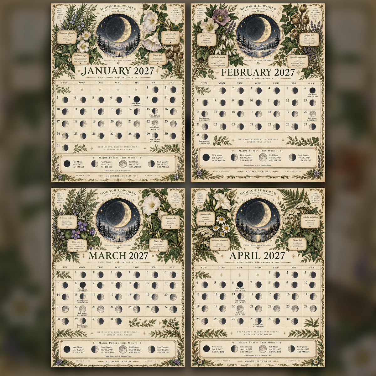 Celestial Herbarium 2027 Moon Calendar Printable - Botanical Witch Wall Calendar, Herbs and Moon Phases, Instant Digital