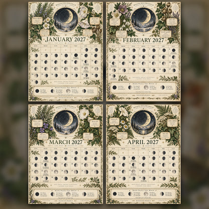 Celestial Herbarium 2027 Moon Calendar Printable - Botanical Witch Wall Calendar, Herbs and Moon Phases, Instant Digital