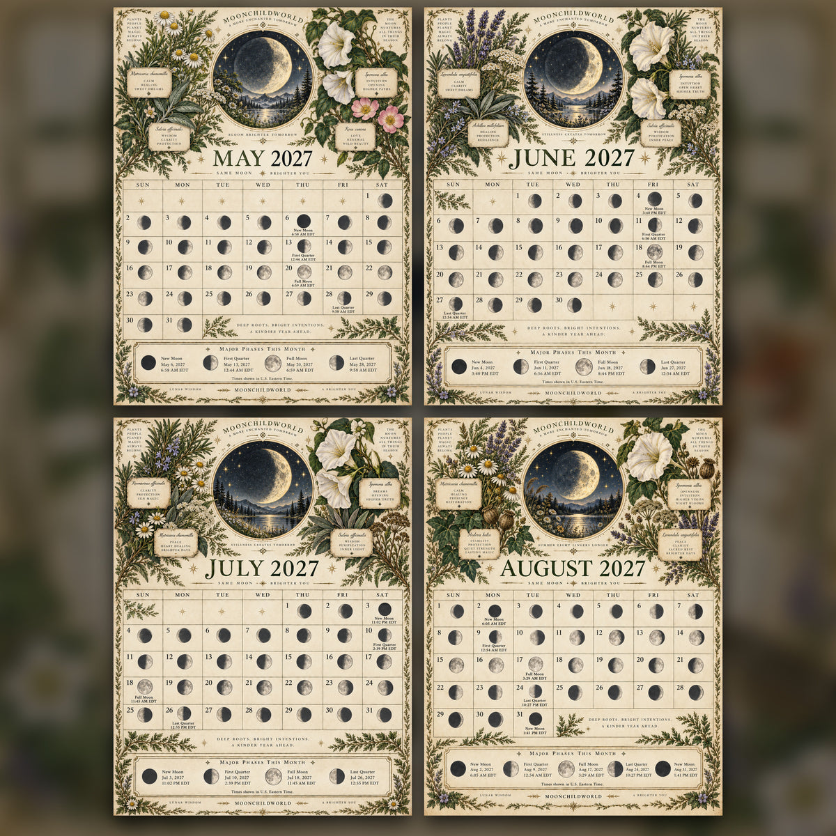 Celestial Herbarium 2027 Moon Calendar Printable - Botanical Witch Wall Calendar, Herbs and Moon Phases, Instant Digital