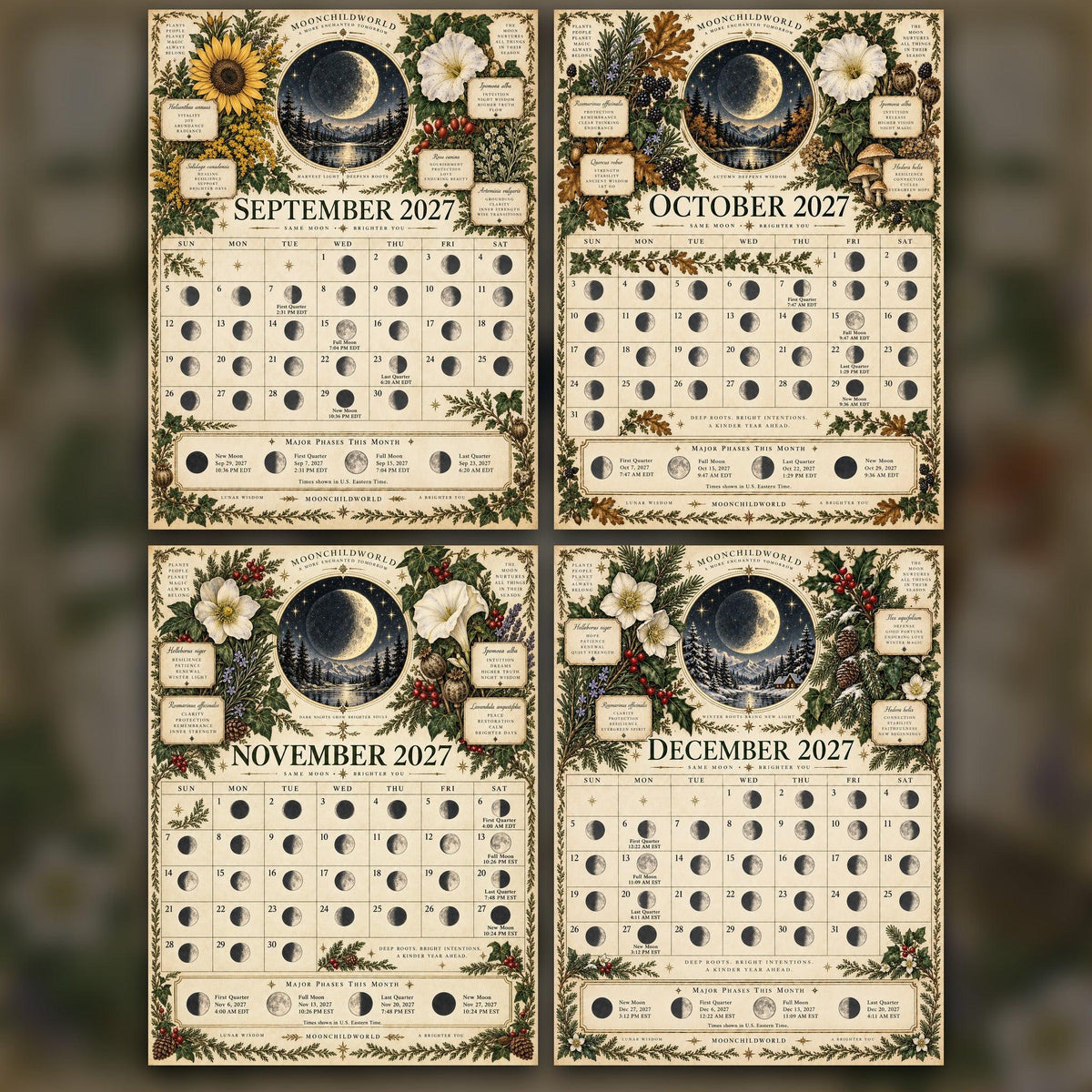 Celestial Herbarium 2027 Moon Calendar Printable - Botanical Witch Wall Calendar, Herbs and Moon Phases, Instant Digital