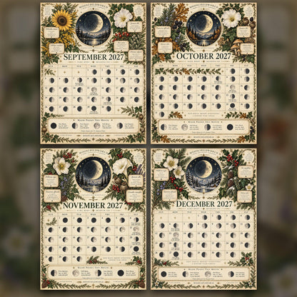 Celestial Herbarium 2027 Moon Calendar Printable - Botanical Witch Wall Calendar, Herbs and Moon Phases, Instant Digital
