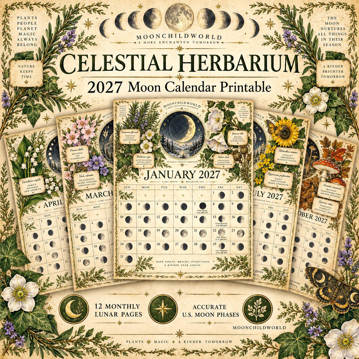 Celestial Herbarium 2027 Moon Calendar Printable - Botanical Witch Wall Calendar, Herbs and Moon Phases, Instant Digital