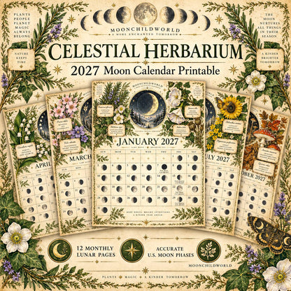 Celestial Herbarium 2027 Moon Calendar Printable - Botanical Witch Wall Calendar, Herbs and Moon Phases, Instant Digital