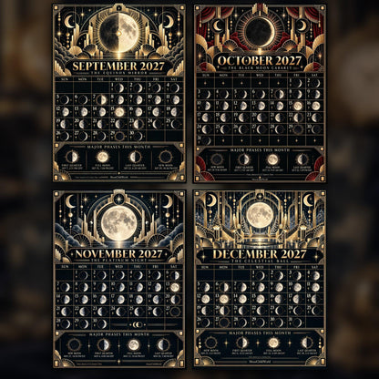 Midnight Moderne 2027 Art Deco Moon Calendar Printable - Gold Celestial Wall Calendar, Accurate Moon Phases, Instant Dig