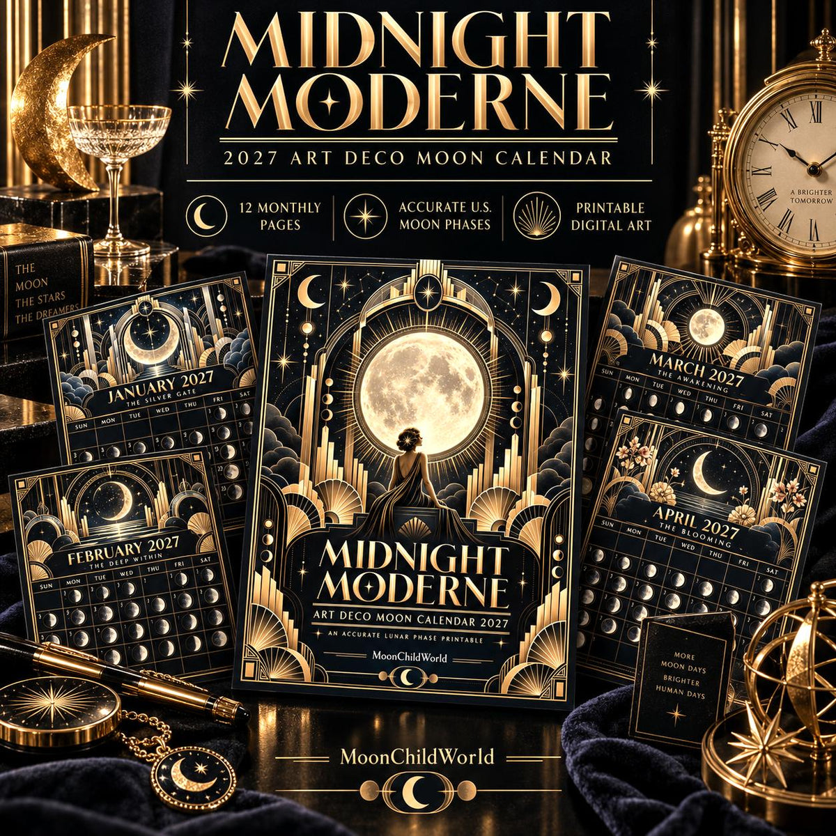 Midnight Moderne 2027 Art Deco Moon Calendar Printable - Gold Celestial Wall Calendar, Accurate Moon Phases, Instant Dig