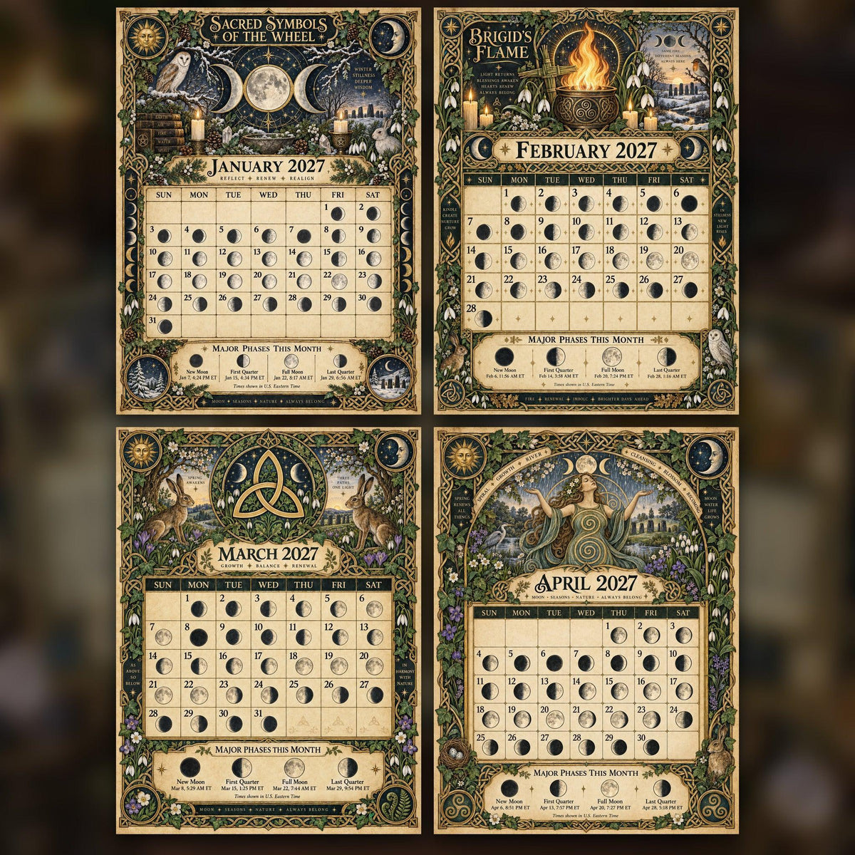 Sacred Symbols of the Wheel 2027 Moon Calendar Printable - Wiccan and Pagan Wall Calendar, Pentacle Triple Moon, Instant