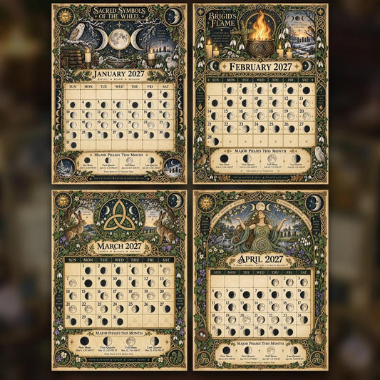 Sacred Symbols of the Wheel 2027 Moon Calendar Printable - Wiccan and Pagan Wall Calendar, Pentacle Triple Moon, Instant