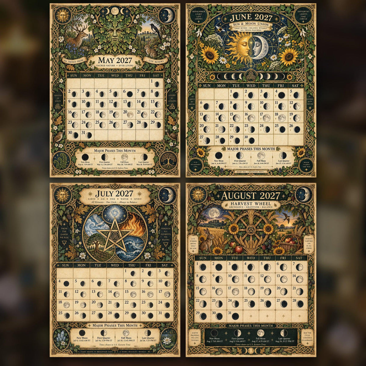 Sacred Symbols of the Wheel 2027 Moon Calendar Printable - Wiccan and Pagan Wall Calendar, Pentacle Triple Moon, Instant