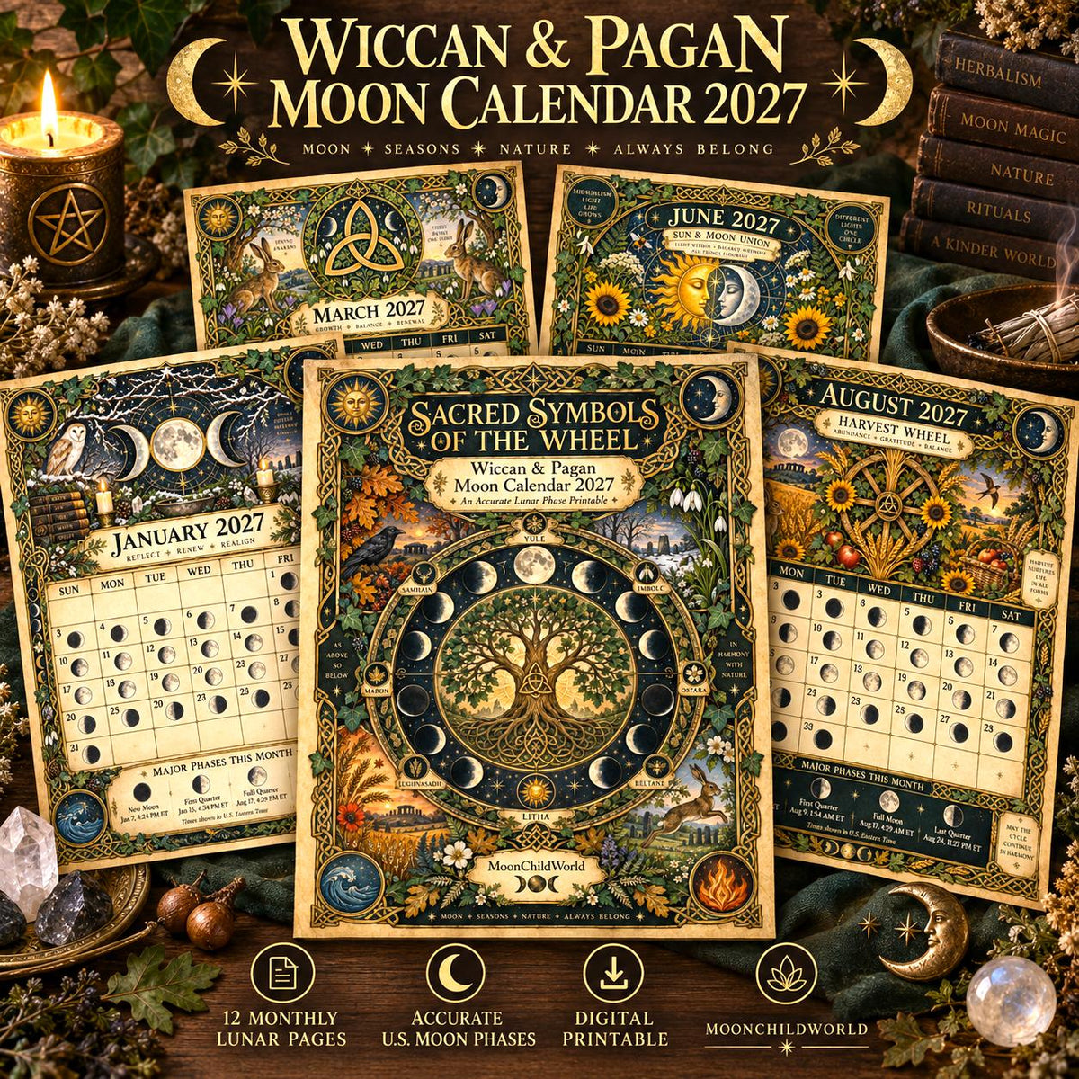 Sacred Symbols of the Wheel 2027 Moon Calendar Printable - Wiccan and Pagan Wall Calendar, Pentacle Triple Moon, Instant