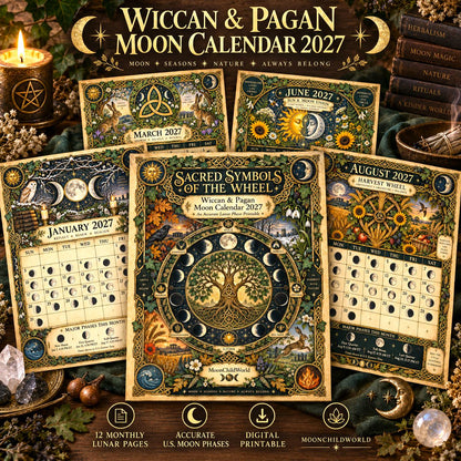 Sacred Symbols of the Wheel 2027 Moon Calendar Printable - Wiccan and Pagan Wall Calendar, Pentacle Triple Moon, Instant