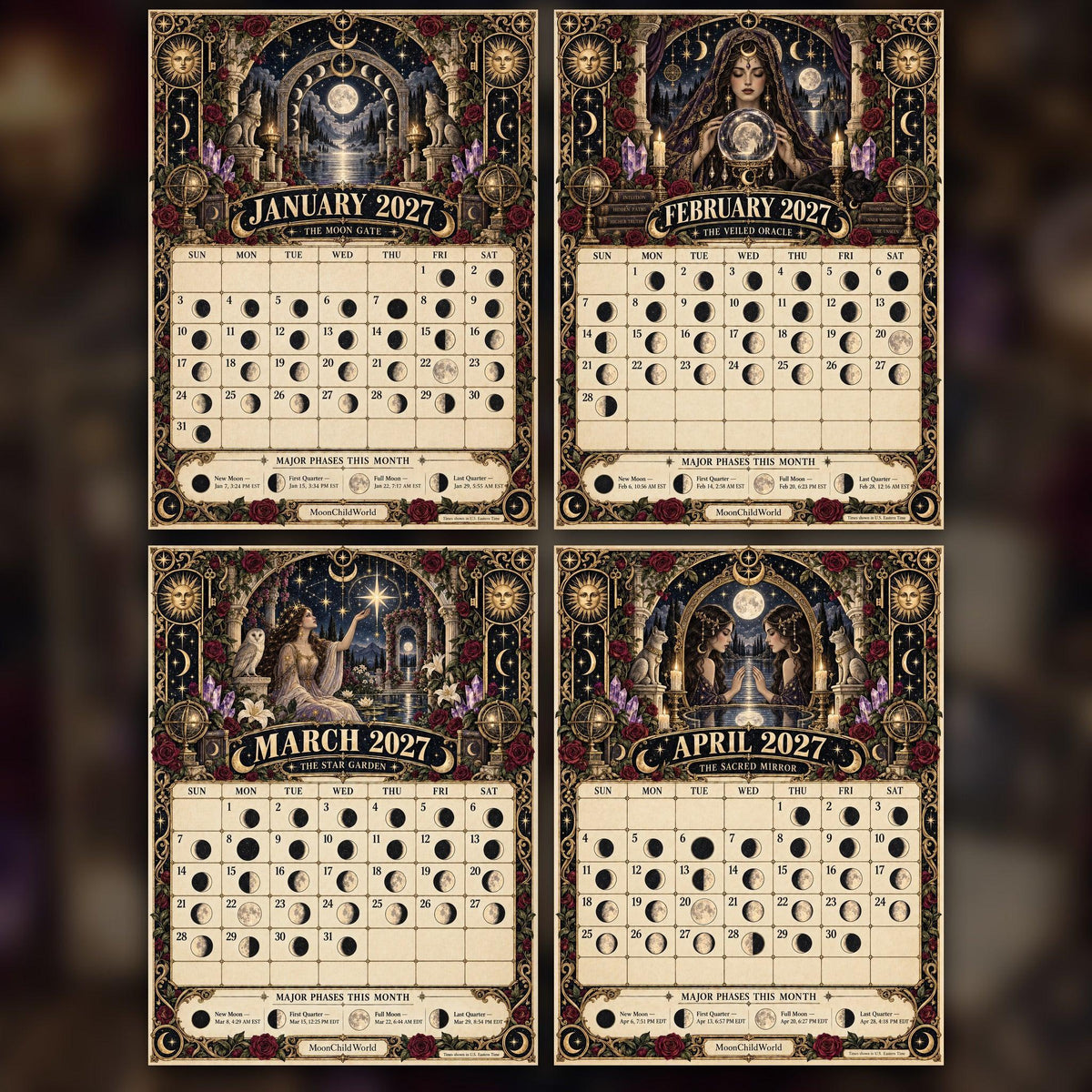 Tarot of the Moon 2027 Moon Calendar Printable - Lunar Arcana Tarot Wall Calendar, Accurate Moon Phases, Instant Digital