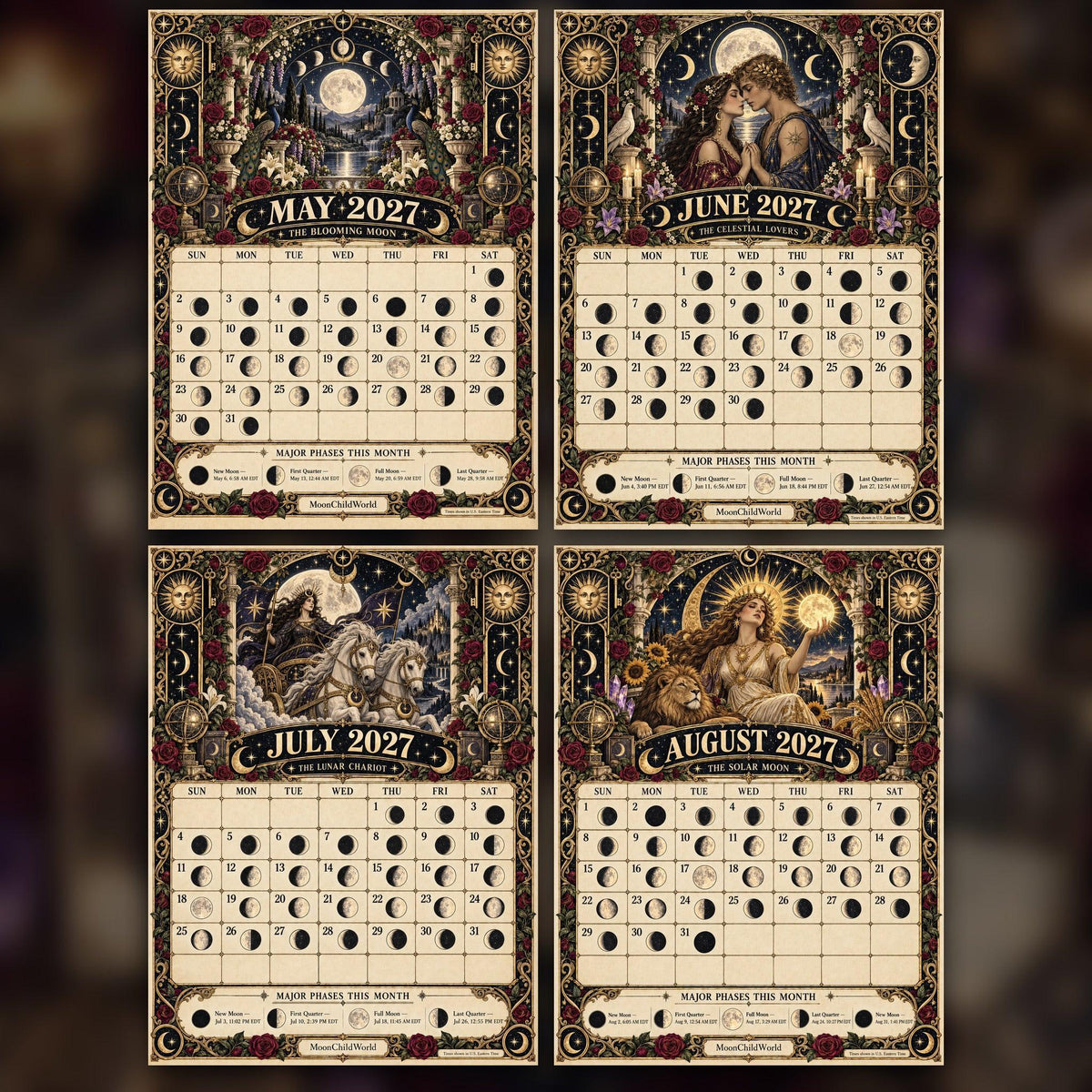 Tarot of the Moon 2027 Moon Calendar Printable - Lunar Arcana Tarot Wall Calendar, Accurate Moon Phases, Instant Digital