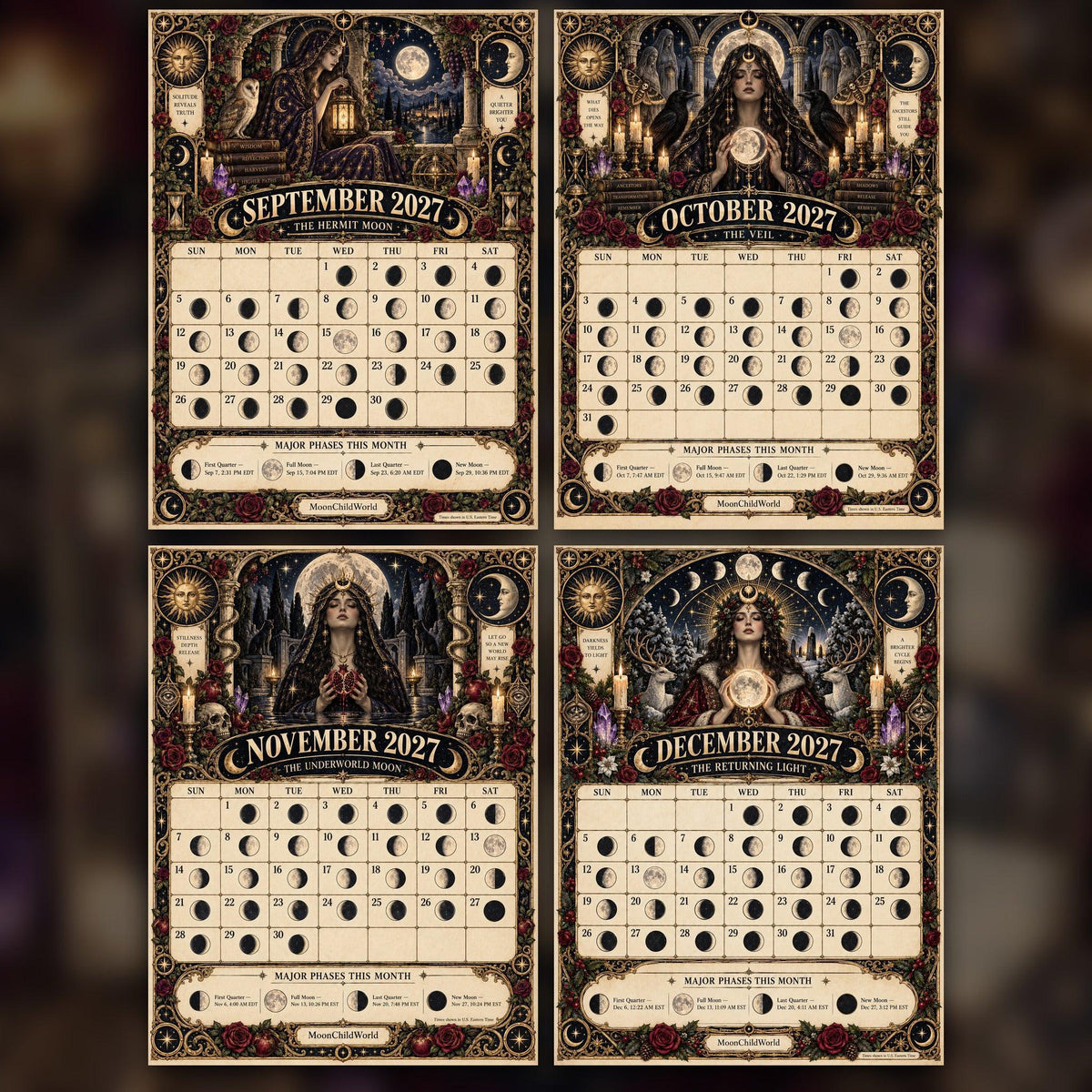 Tarot of the Moon 2027 Moon Calendar Printable - Lunar Arcana Tarot Wall Calendar, Accurate Moon Phases, Instant Digital