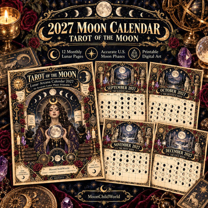 Tarot of the Moon 2027 Moon Calendar Printable - Lunar Arcana Tarot Wall Calendar, Accurate Moon Phases, Instant Digital