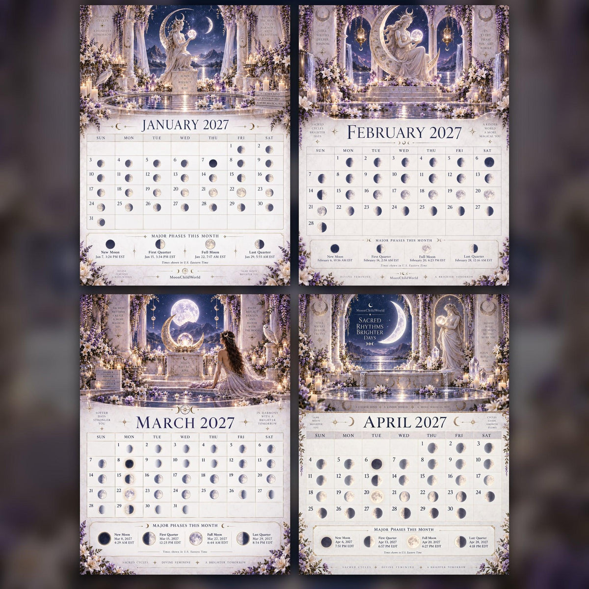 Temple of the Moon Goddess 2027 Moon Calendar Printable - Sacred Feminine Wall Calendar, Divine Goddess Art, Instant Dig