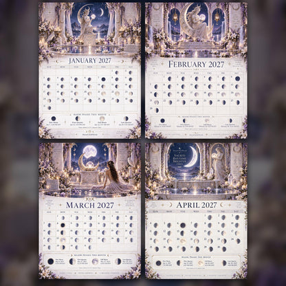 Temple of the Moon Goddess 2027 Moon Calendar Printable - Sacred Feminine Wall Calendar, Divine Goddess Art, Instant Dig