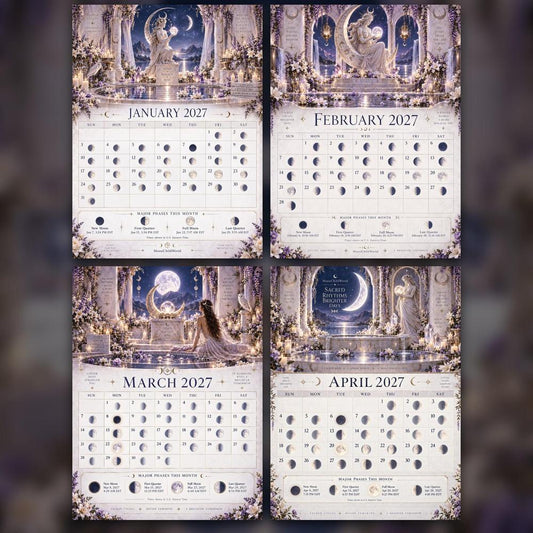 Temple of the Moon Goddess 2027 Moon Calendar Printable - Sacred Feminine Wall Calendar, Divine Goddess Art, Instant Dig