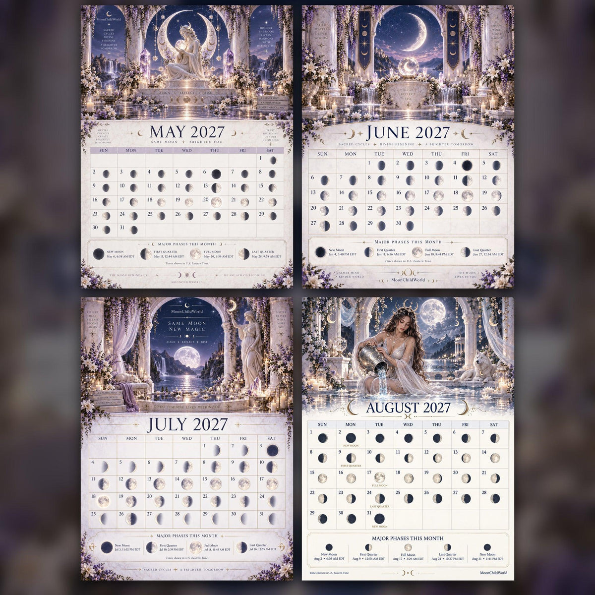 Temple of the Moon Goddess 2027 Moon Calendar Printable - Sacred Feminine Wall Calendar, Divine Goddess Art, Instant Dig