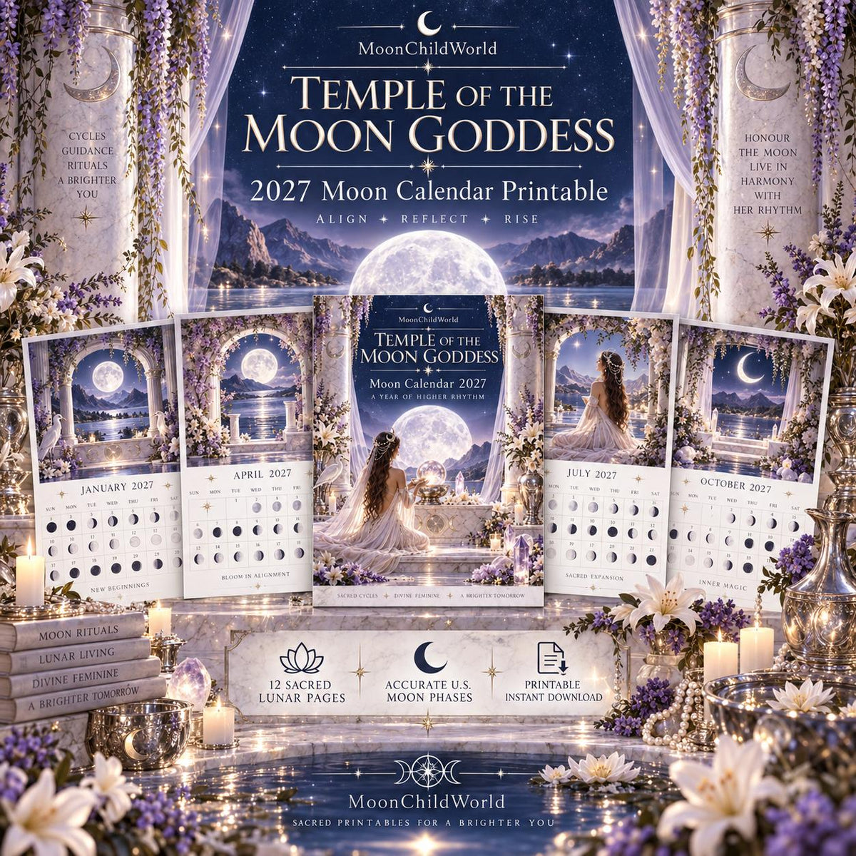 Temple of the Moon Goddess 2027 Moon Calendar Printable - Sacred Feminine Wall Calendar, Divine Goddess Art, Instant Dig