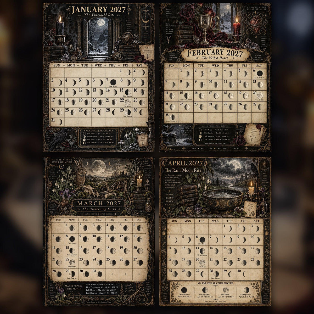 The Dark Witch's Lunar Grimoire 2027 Moon Calendar Printable - Dark Academia Wall Calendar, Accurate Moon Phases, Instan