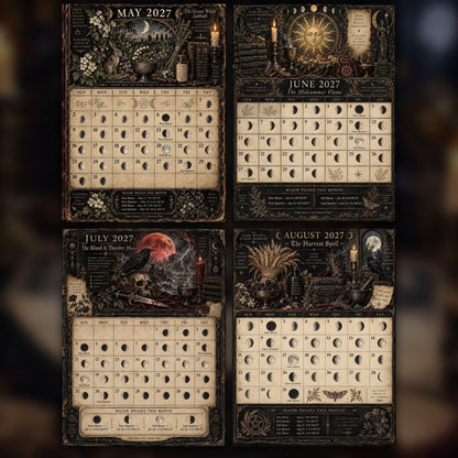 The Dark Witch's Lunar Grimoire 2027 Moon Calendar Printable - Dark Academia Wall Calendar, Accurate Moon Phases, Instan