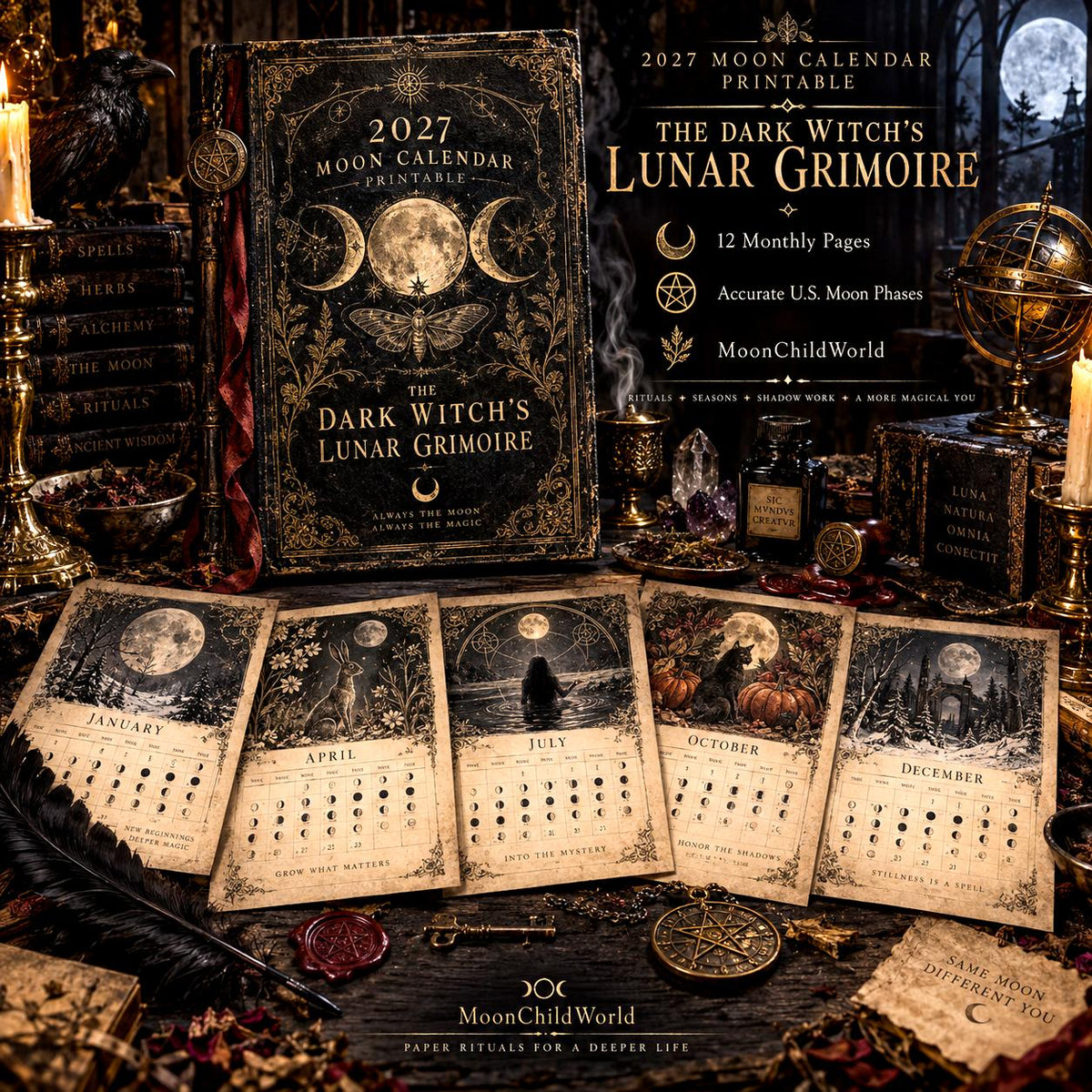 The Dark Witch's Lunar Grimoire 2027 Moon Calendar Printable - Dark Academia Wall Calendar, Accurate Moon Phases, Instan