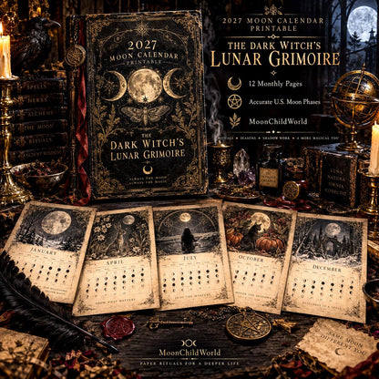 The Dark Witch's Lunar Grimoire 2027 Moon Calendar Printable - Dark Academia Wall Calendar, Accurate Moon Phases, Instan