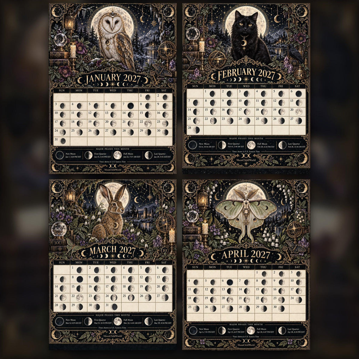 The Lunar Familiar Almanac 2027 Moon Calendar Printable - Witch Familiars Wall Calendar, Owl Raven Cat Fox, Instant Digi