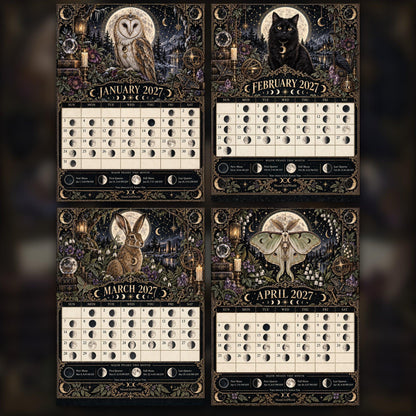 The Lunar Familiar Almanac 2027 Moon Calendar Printable - Witch Familiars Wall Calendar, Owl Raven Cat Fox, Instant Digi