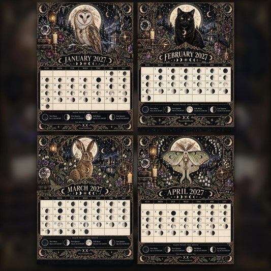 The Lunar Familiar Almanac 2027 Moon Calendar Printable - Witch Familiars Wall Calendar, Owl Raven Cat Fox, Instant Digi