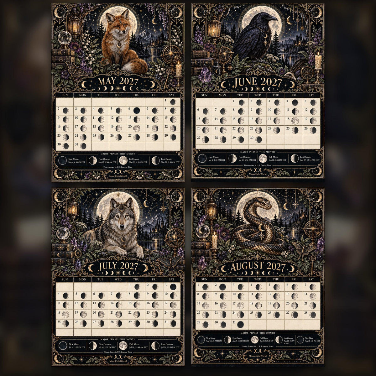 The Lunar Familiar Almanac 2027 Moon Calendar Printable - Witch Familiars Wall Calendar, Owl Raven Cat Fox, Instant Digi